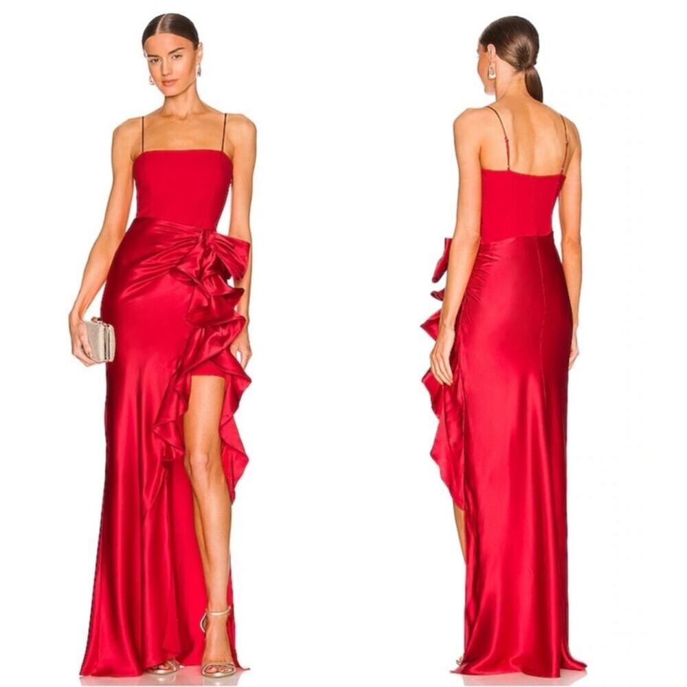 CINQ A SEPT Drina Silk Bow Ruffle Draped Pimento Red Maxi Dress Size 0